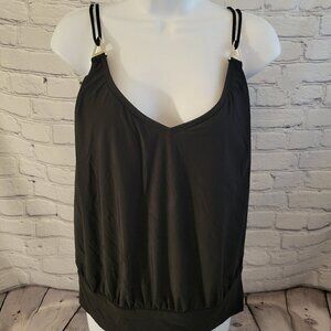 Calvin Klein Women Black Stretch Deep V Neck Over-the-Shoulder Straps Tankini
